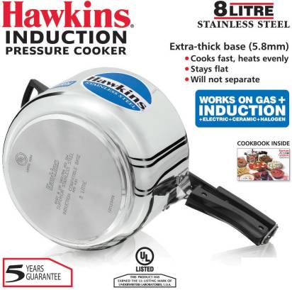 Hawkins Stainless Steel 8 L Induction Bottom Pressure Cooker (HSS80) | Grocsy