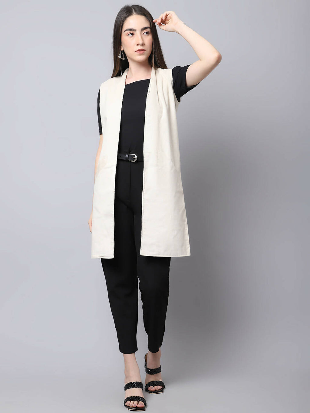 Even Apparels White Polywool Open Front Corduroy Women's Long Coat | Grocsy