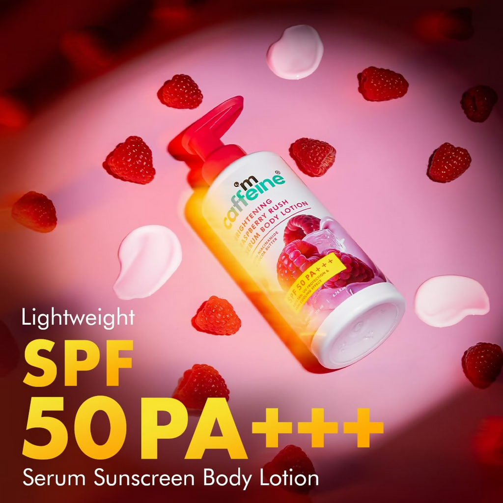 mcaffeine All Skin Brightening SPF 50 PA+++ Sunscreen Body Lotion & Wash Raspberry Combo Kit | Grocsy