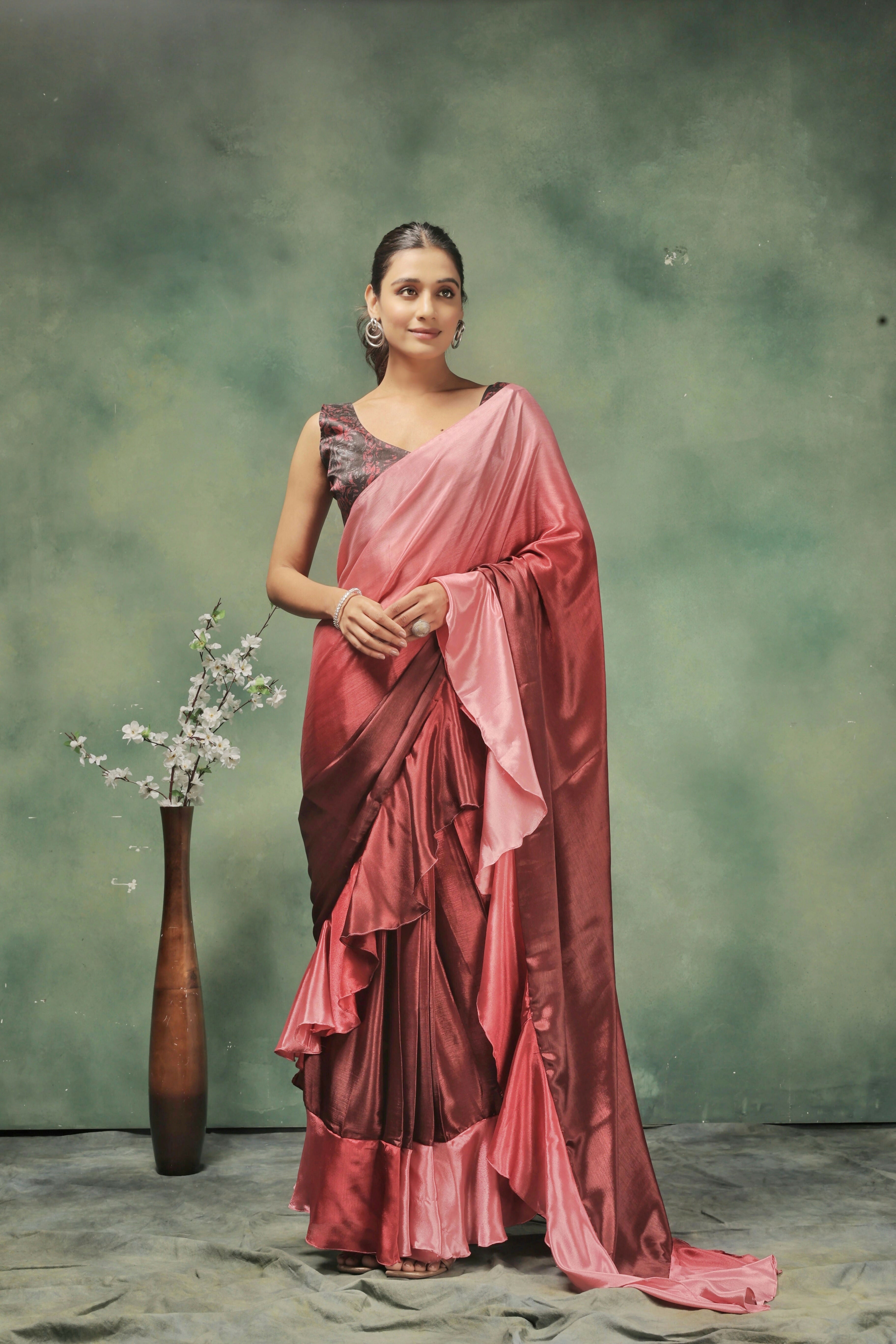 Pink Satin Solid Designer, Printed Party Wear Ready To Wear Saree - Nasreen | Grocsy