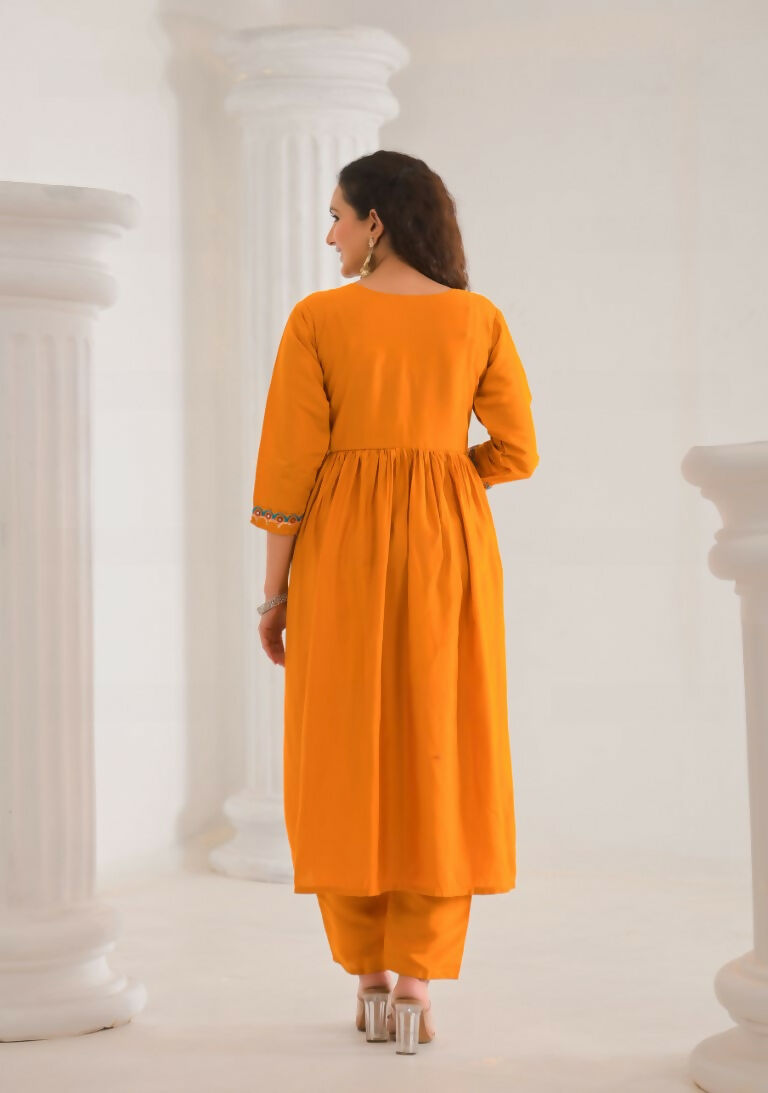 Ethnic Festive Wear Viscose Chanderi orange Stitched Suit With Dupatta - Tanisha | Grocsy