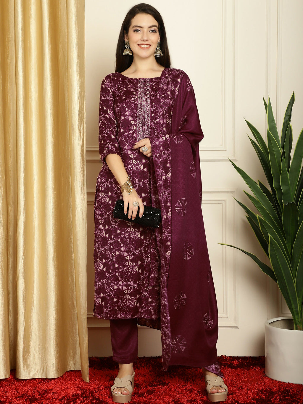Jyoti Fashion Women's Wine Pashmina Floral Digital Printed Kurta with Trouser & Dupatta | Grocsy