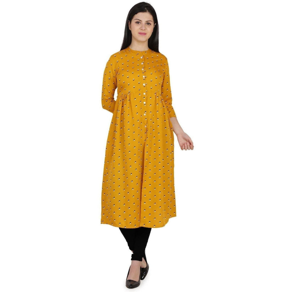 Kanoor Women's Yellow A Line Round Neck Kurti | Grocsy