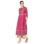 Aniyah Cotton Gold Print Flared Kurta Fuchsia (AN-163K) | Grocsy