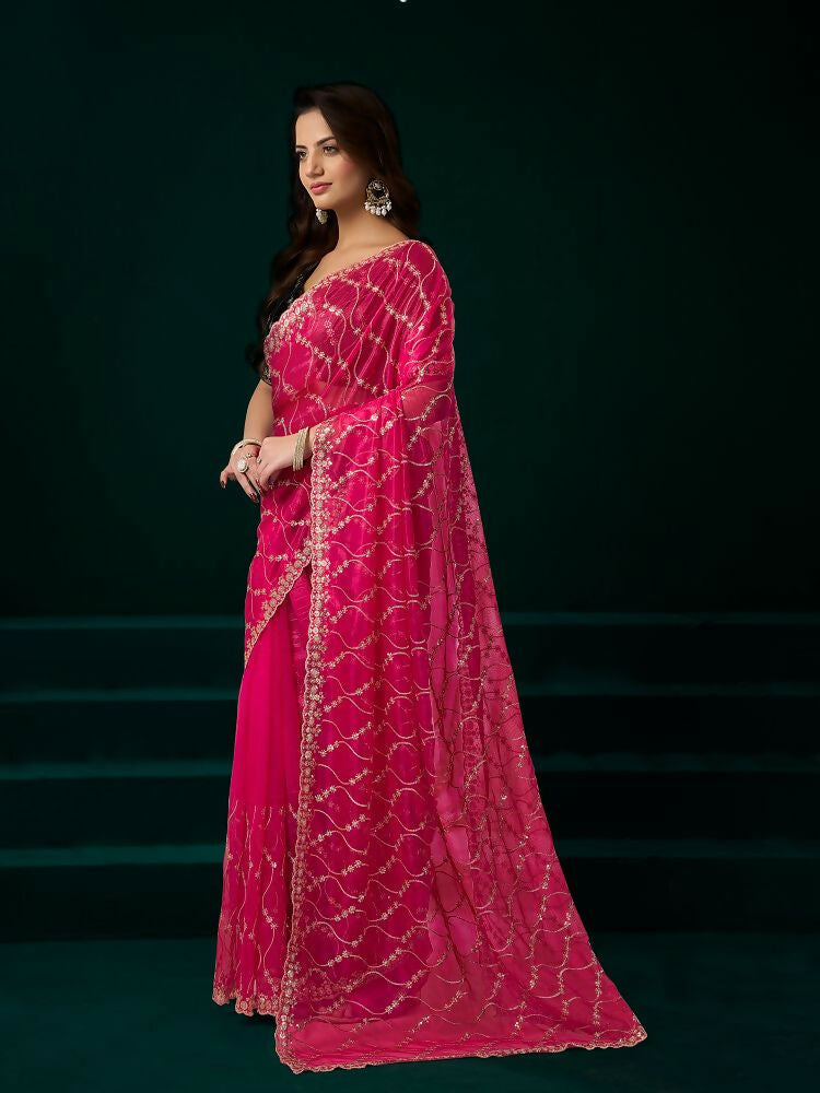 Joban Fashion Rani Pink Net Party Wear Sarees | Grocsy