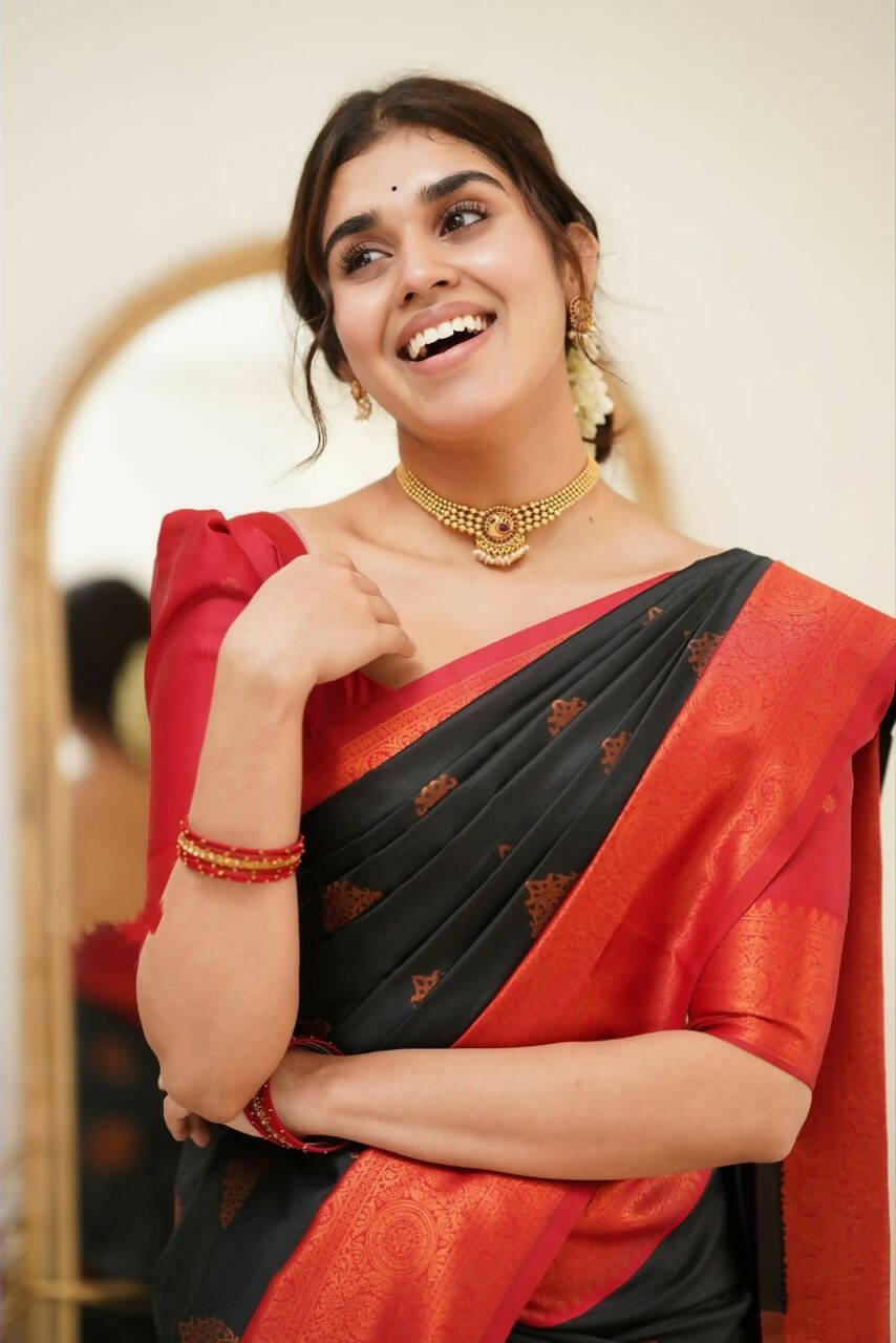 DEIANA'S Beautiful Designer Golden zari Soft Lichi Silk Saree - Black | Grocsy