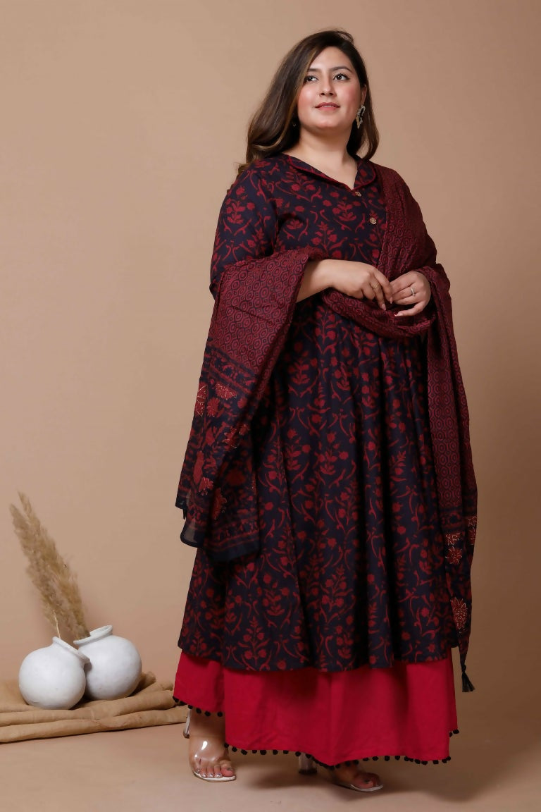 Miravan Women's Plus Size Navy Blue Printed Cotton Anarkali Kurta & Dupatta  | Grocsy