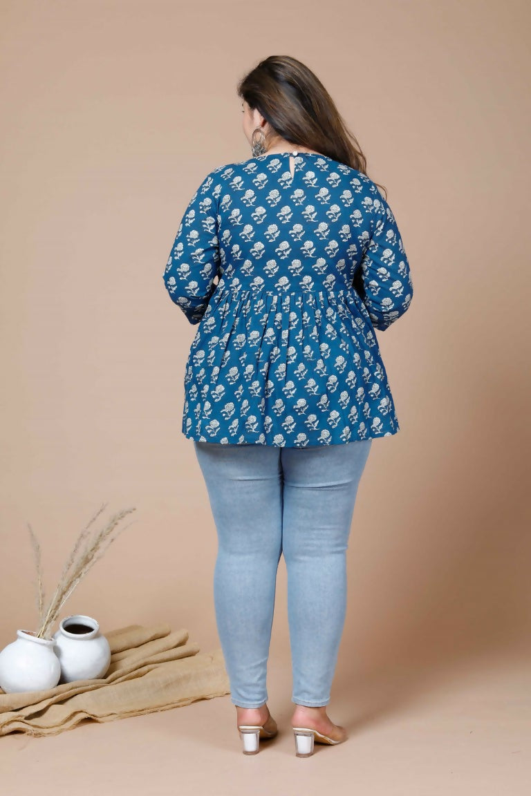 Miravan Women's Blue Plus Size Cotton Floral Printed Short Kurti | Grocsy