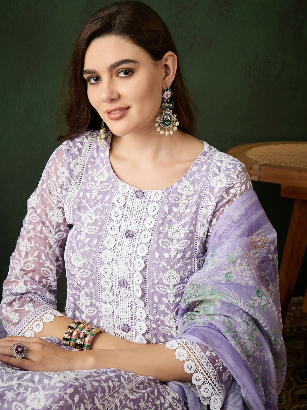 Lavender Crystal Organza schiffli embroidery Kurta With Trouser & Dupatta - Bhumi | Grocsy