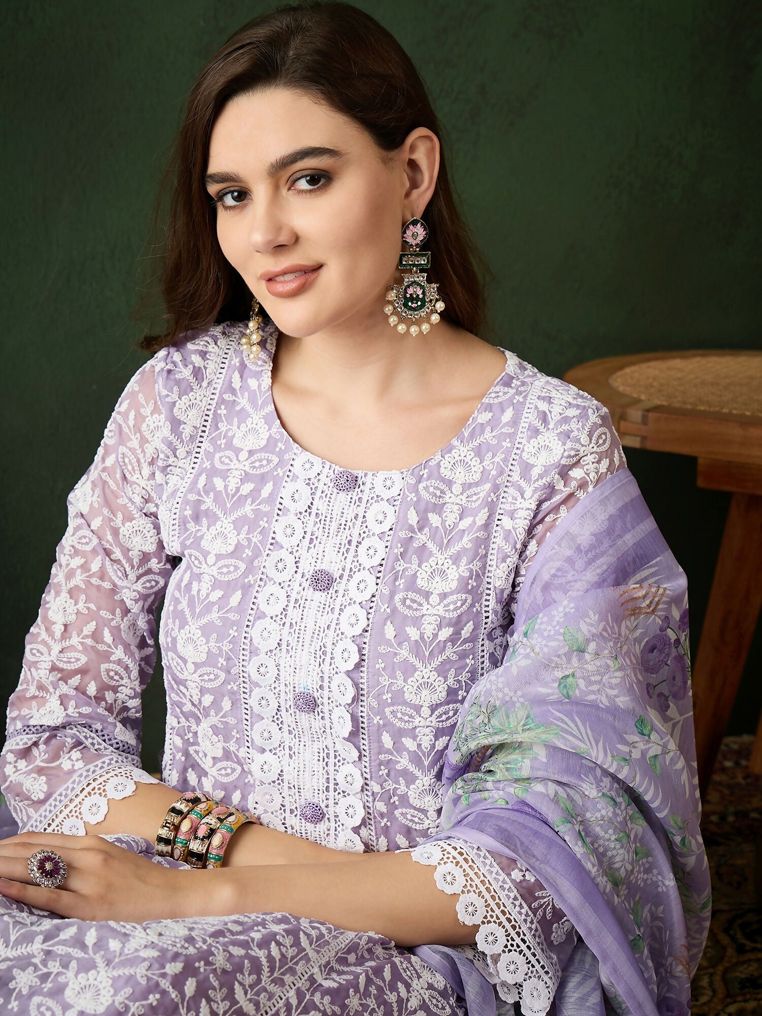 Lavender Crystal Organza schiffli embroidery Kurta With Trouser & Dupatta - Bhumi | Grocsy