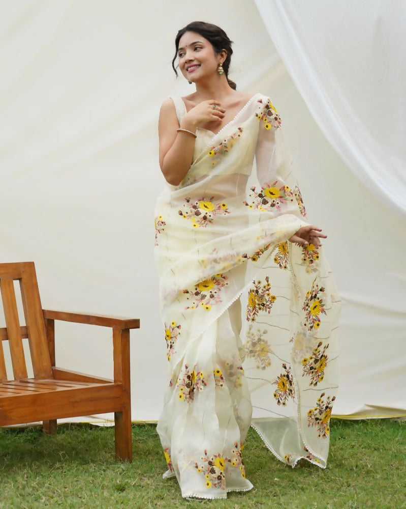 Vamsee Anamika Yellow (Anvika) Organza Silk Saree | Grocsy