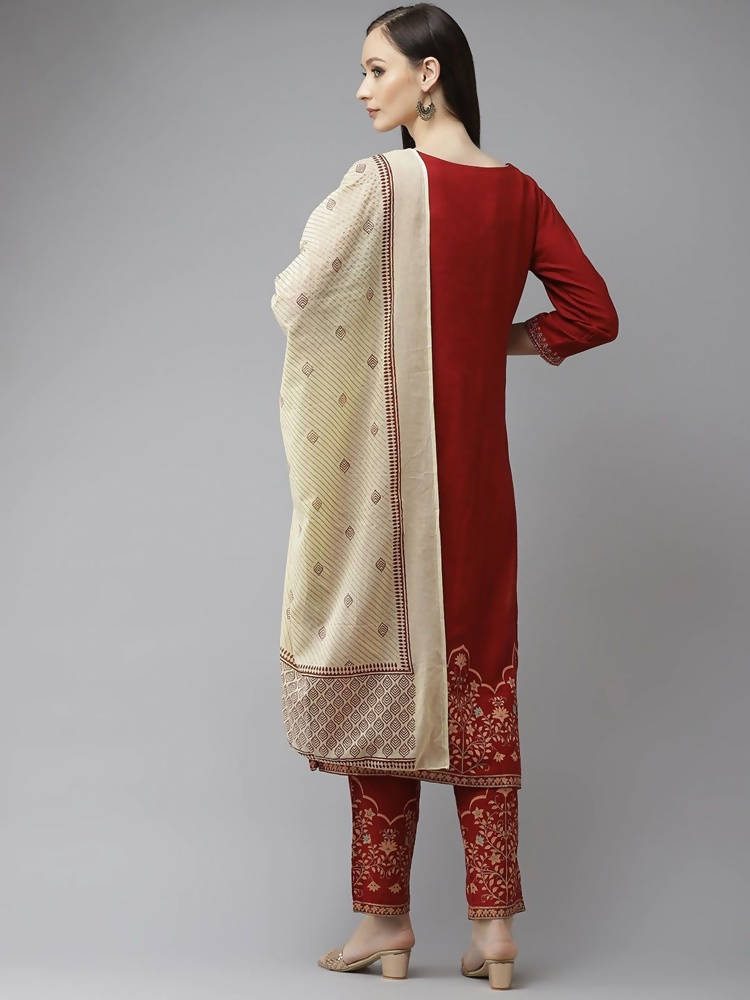 Yufta Women Maroon Ethnic Motifs Yoke Design Regular Thread Work Kurta with Palazzo & With Dupatta | Grocsy