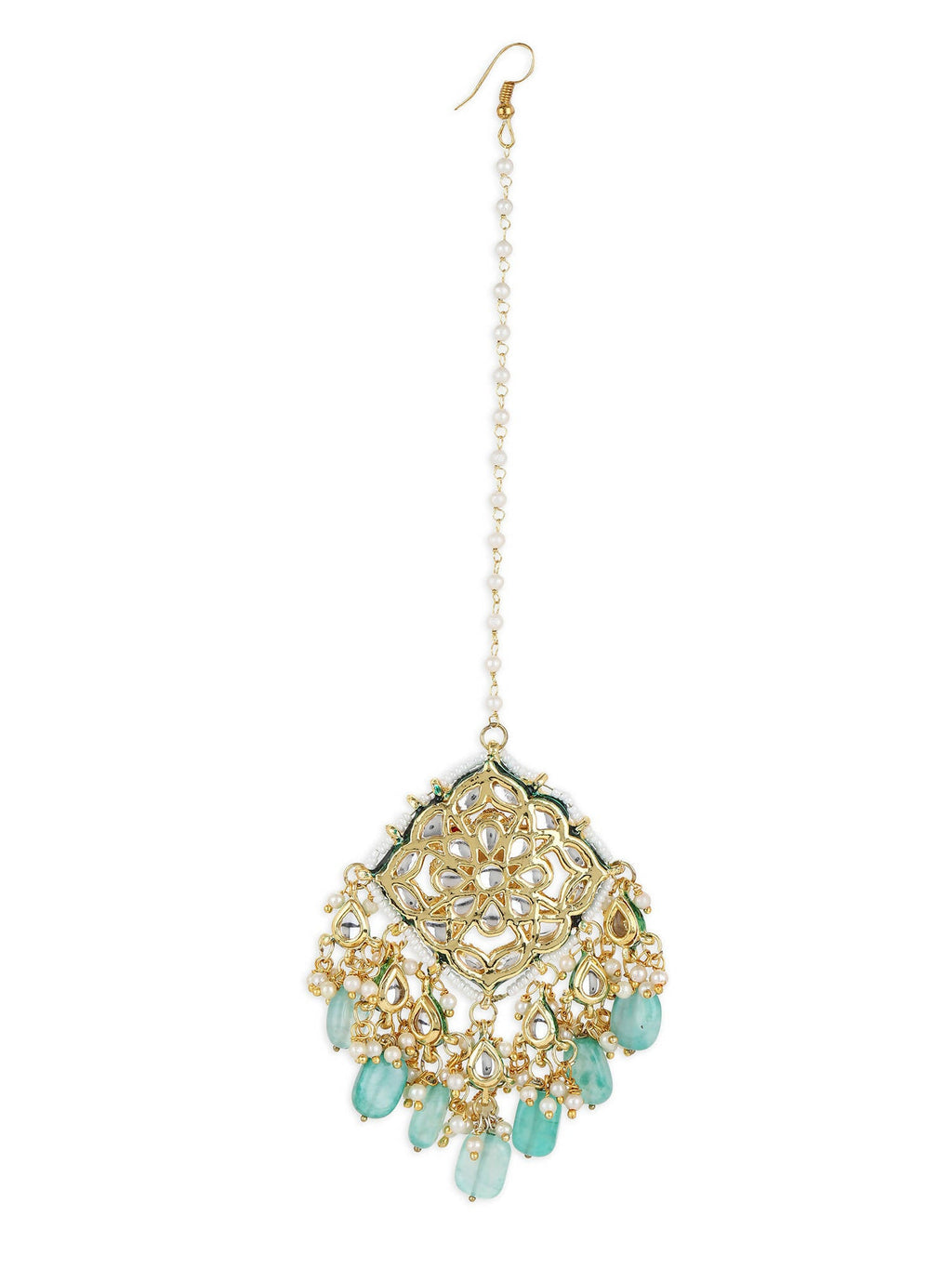 White Blue Gold-Polished Kundan-Studded Beaded Maang Tikka - Ruby Raang | Grocsy