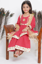 Little Bansi Floral Embroidery Jacket With Cotton Kantha Frock Sharara And Dupatta With Ghungroo Handwork - Red | Grocsy