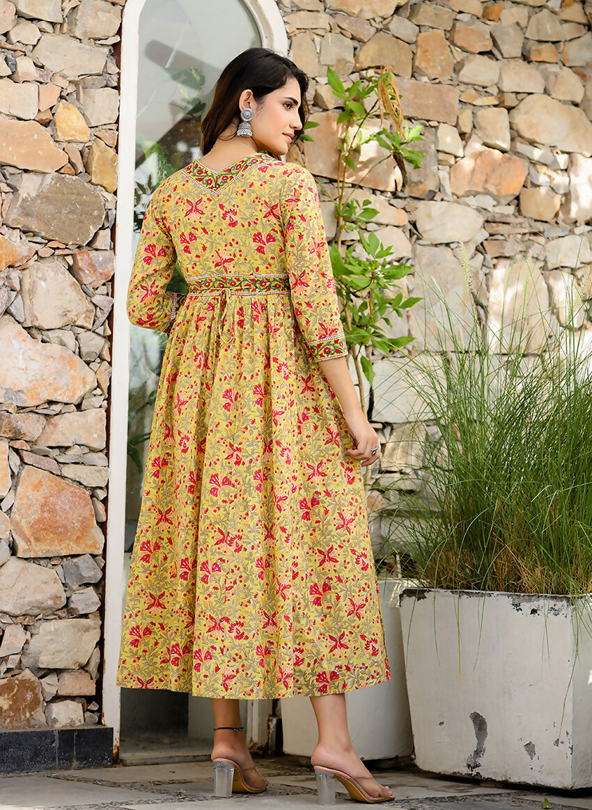 Kaajh Women's Mustard Printed Cotton Handblock Dress | Grocsy