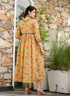 Kaajh Women's Mustard Printed Cotton Handblock Dress | Grocsy