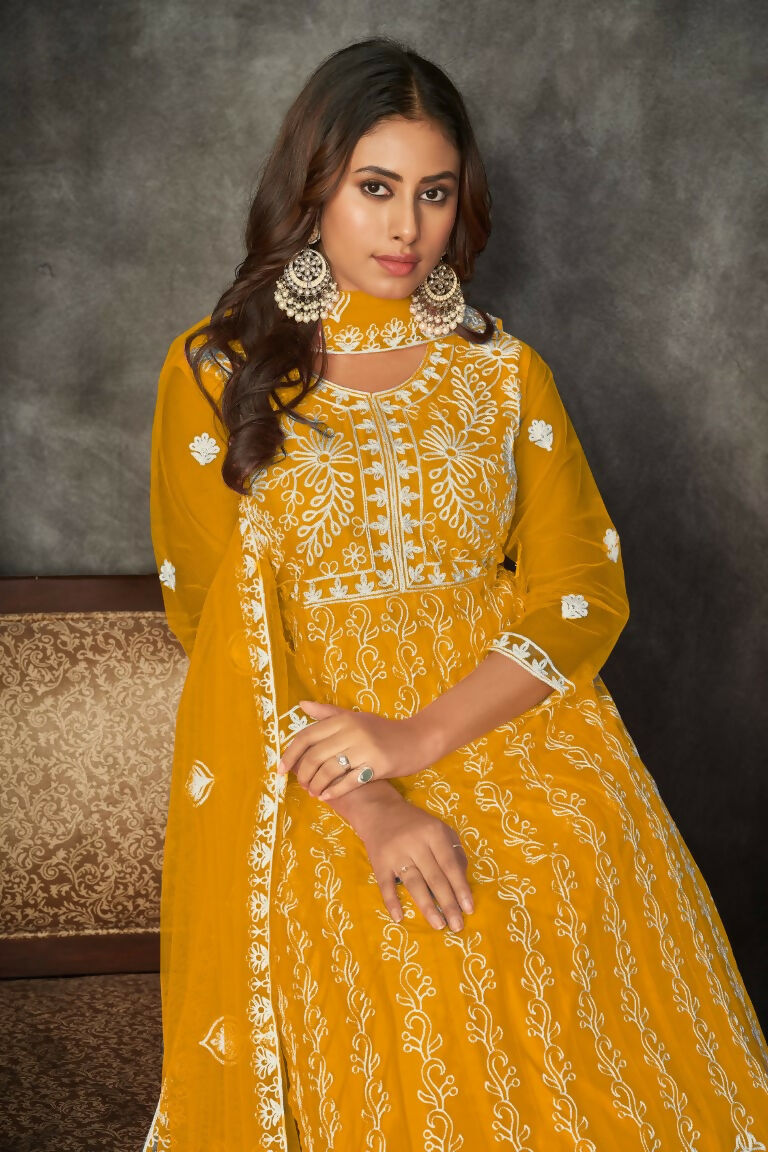 Jyoti Fashion Women's Yellow Net Embroidered Anarkali Kurta Pant Set With Dupatta | Grocsy