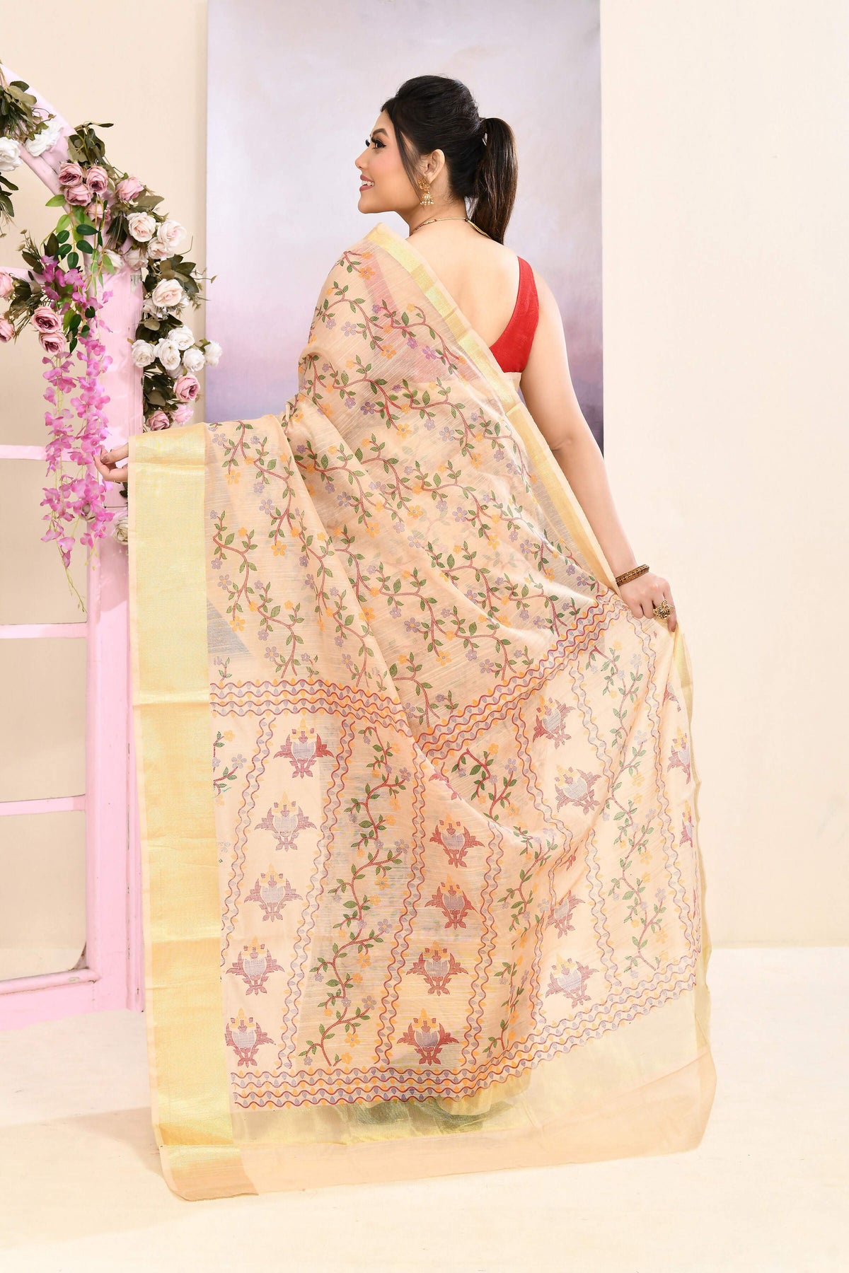 Piyari Fashion Women's Beige Embellished Cotton Blend Printed Saree | Grocsy