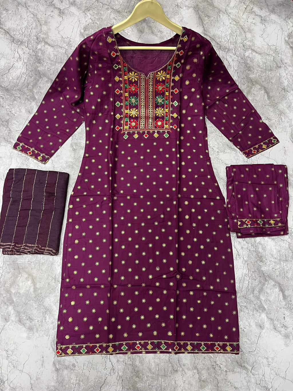 Jyoti Fashion Women's Wine 14KG Rayon Foil Print with Embroidery Kurta Set | Grocsy