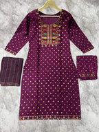 Jyoti Fashion Women's Wine 14KG Rayon Foil Print with Embroidery Kurta Set | Grocsy