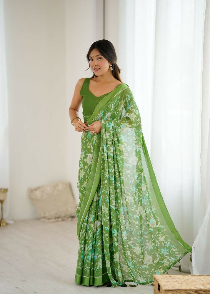 PR Fashion Green Bright Moss Satin Patta Printed Saree | Grocsy