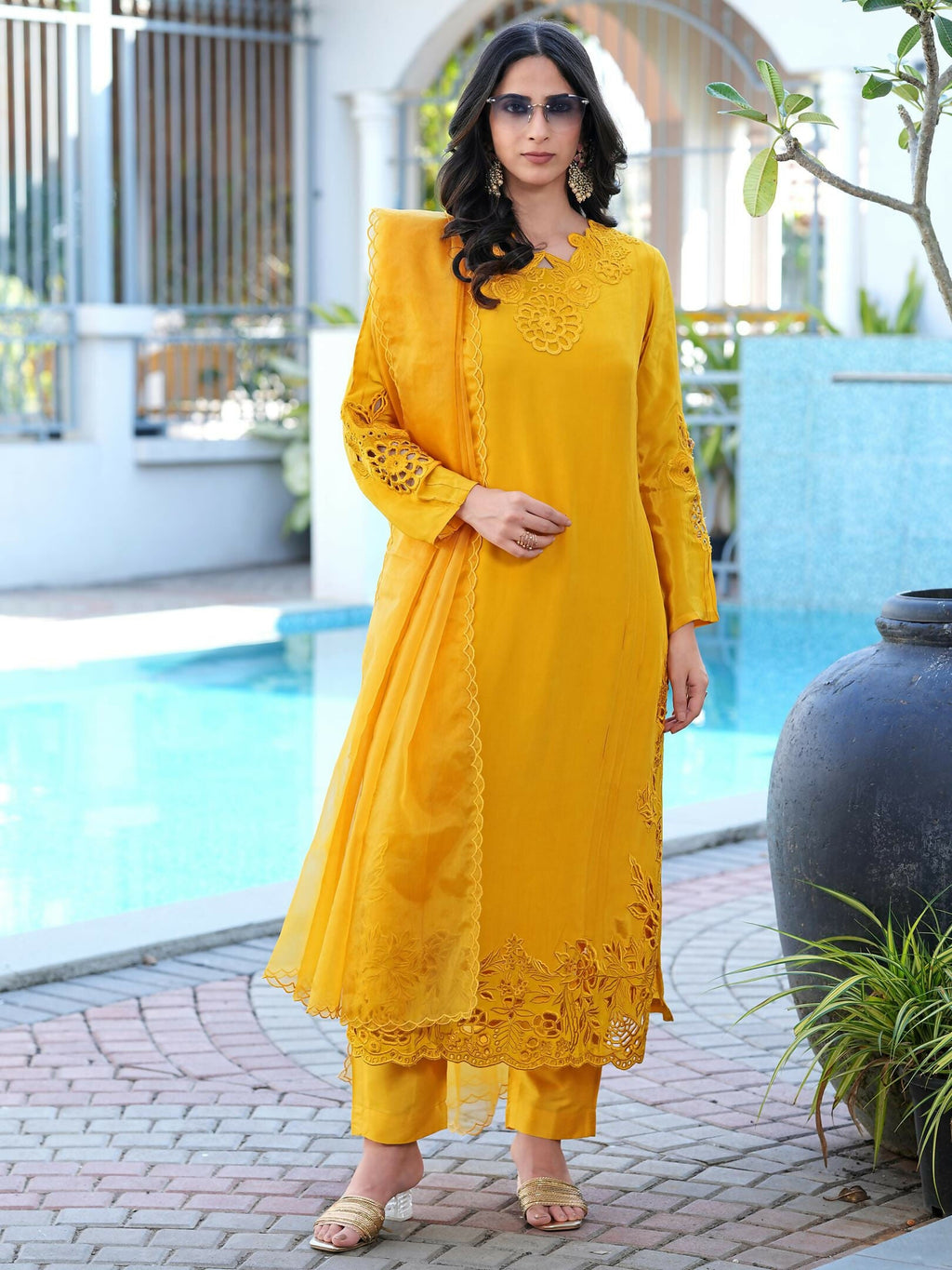 Nikhaar Yellow Embroidered Art Silk Stitched Straight Cut Kurta Pants Dupatta Readymade Suit | Grocsy