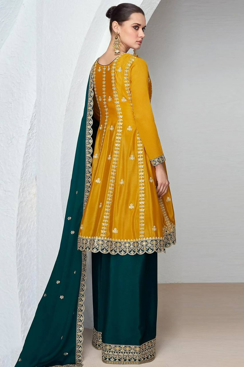 Lorenvalley Fashion Yellow and Rama Chinon Embroidery With Sequince Work Salwar Kameez Stitched | Grocsy