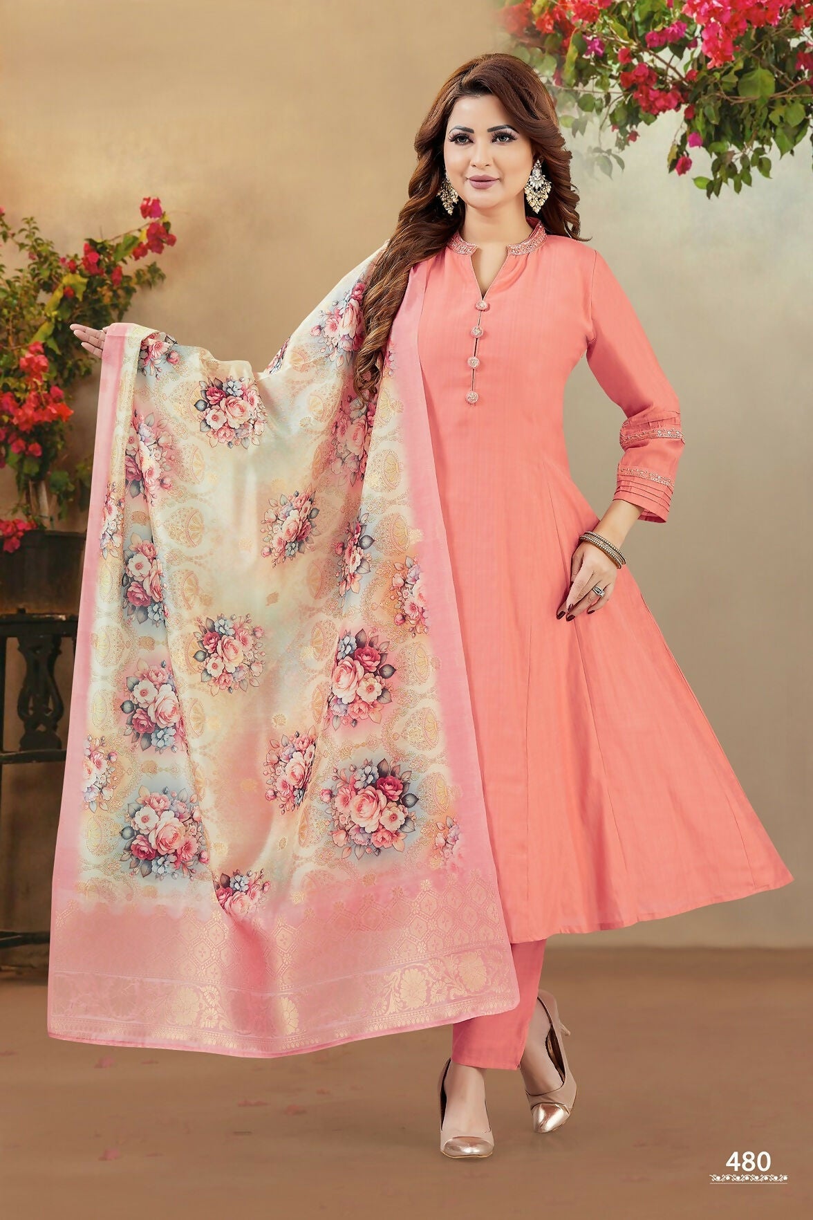 Joban Fashion Women Soft Silk Peach Round Neck Emroidery Kurta Set | Grocsy