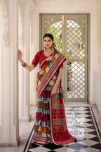 Vastranavya Maroon Viscose Chanderi Printed with Temple Border Saree & Unstitched Blouse | Grocsy