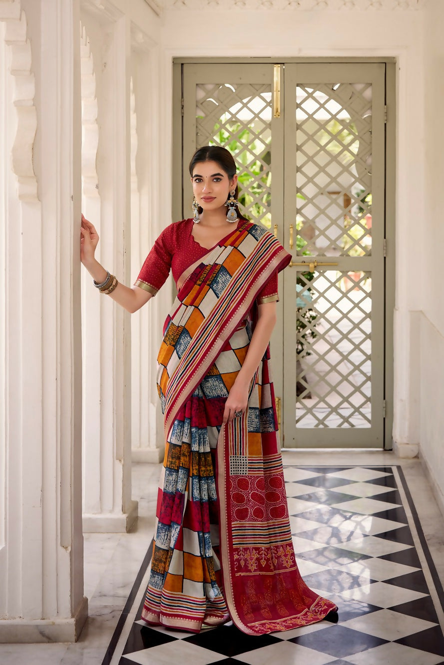 Vastranavya Maroon Viscose Chanderi Printed with Temple Border Saree & Unstitched Blouse | Grocsy