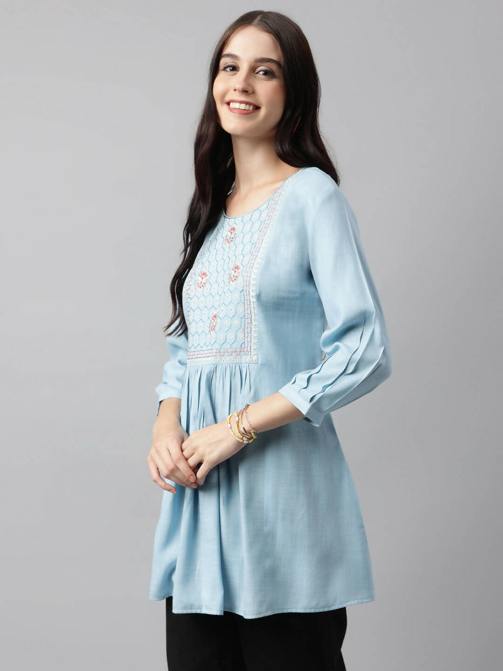 Light Blue Rayon Yoke Embroidered A-line Top - Tarini | Grocsy