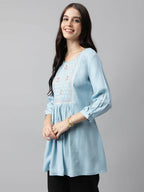 Light Blue Rayon Yoke Embroidered A-line Top - Tarini | Grocsy