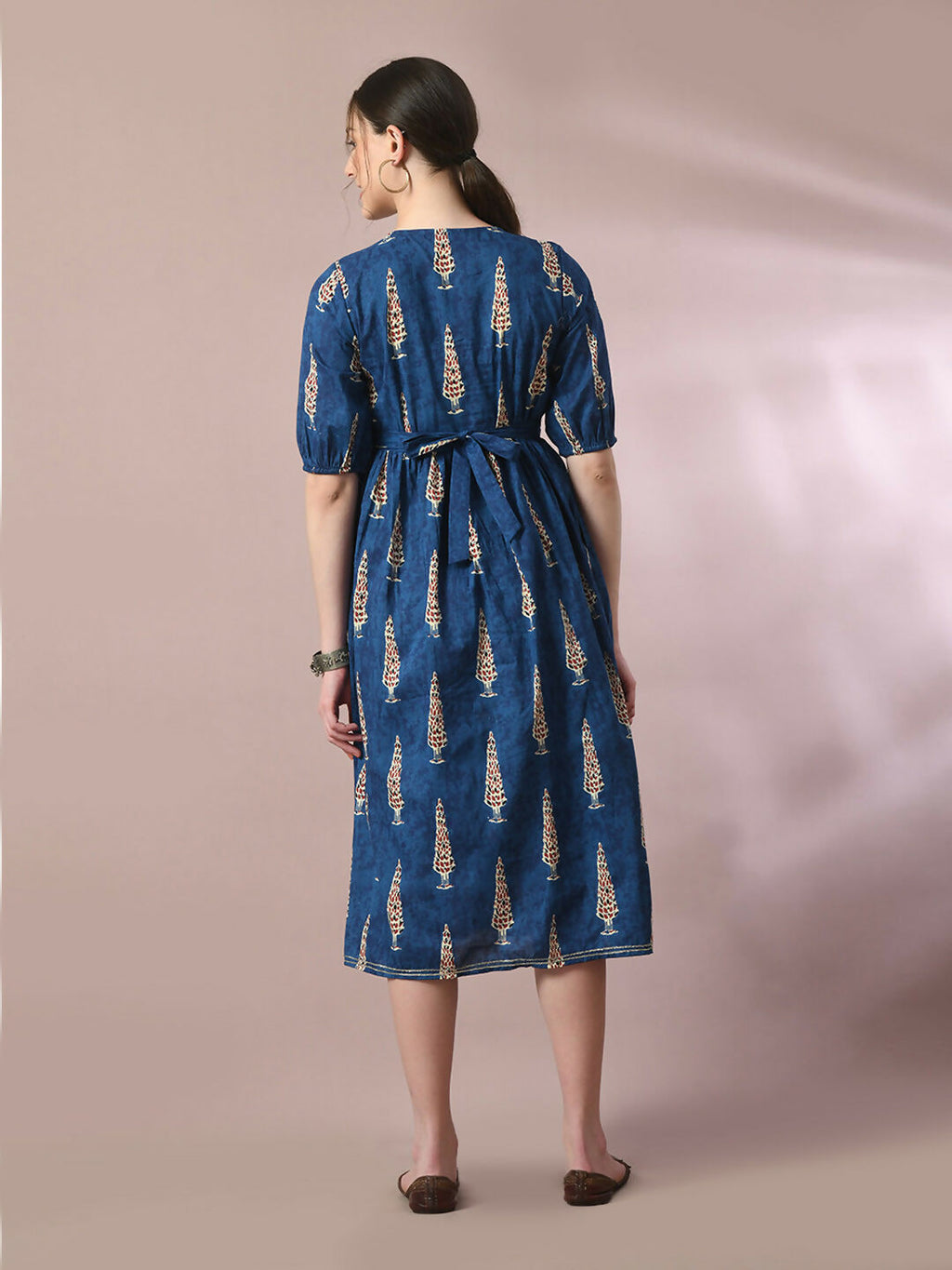 Myshka Women's Blue Printed Cotton V-Neck Empire Party Dress | Grocsy
