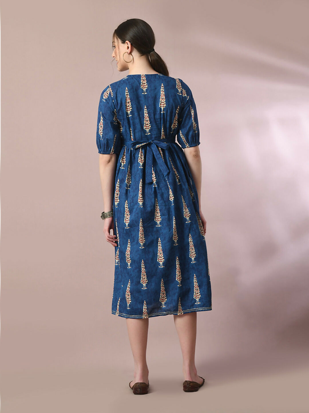 Myshka Women's Blue Printed Cotton V-Neck Empire Party Dress | Grocsy