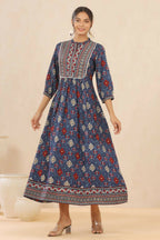 Juniper Womens Indigo Rayon Foil Printed Maxi Dress With Puff Sleeve | Grocsy
