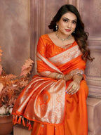 Anaita Dark Orange Banarasi Silk With Beautiful Gala Weaving Saree With Blouse | Grocsy