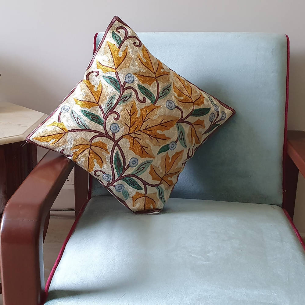 The Decor Nook Hand Embroidered Crewel Cushion Covers in Mustard & Chinar Leaf Motif with Off White Base | Grocsy