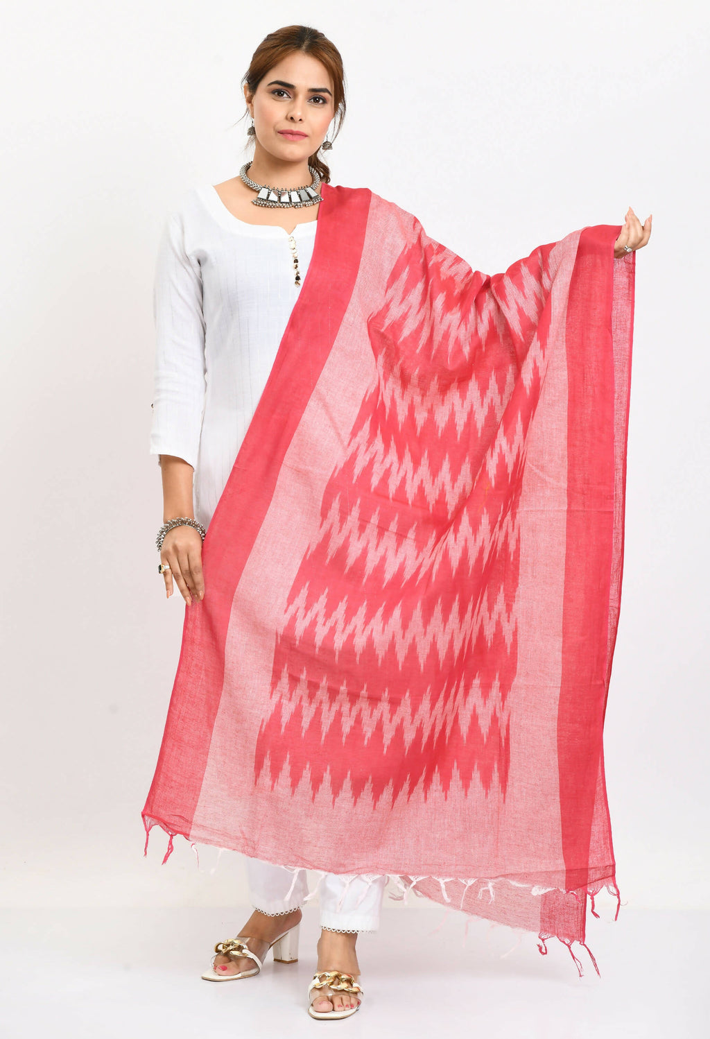 Mominos Fashion Moeza Women's Handloom Cotton Ikkat Pink Dupatta | Grocsy