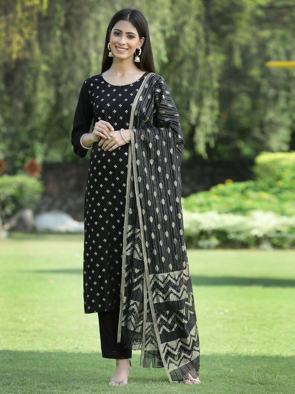 Juniper Women's Black Rayon Embellished Straight Kurta Sets | Grocsy