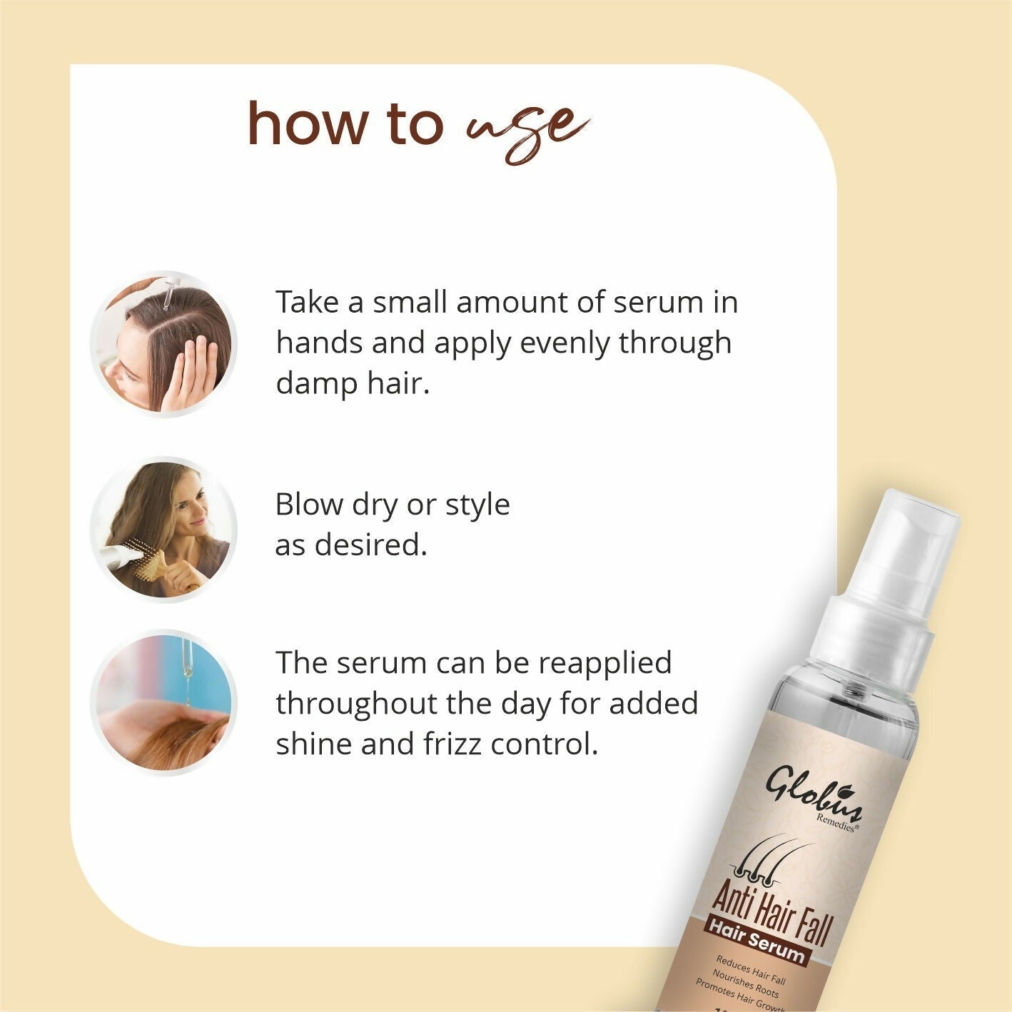 Globus Remedies Anti-Hair Fall Hair Serum, For Frizzy Hair, Smoothens Rough Ends, Adds Instant Shine | Grocsy