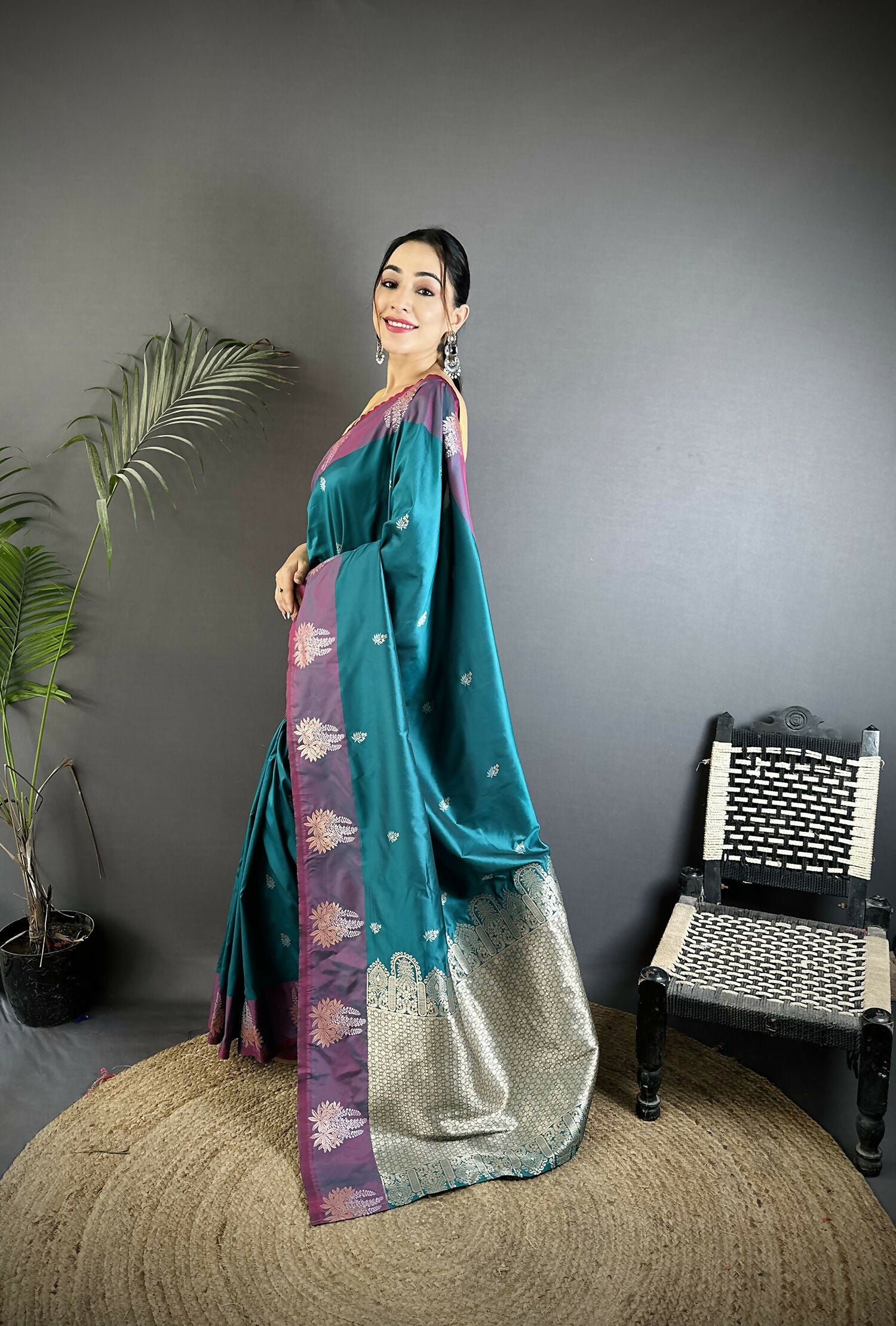 Joban Fashion Teal Small Butti Soft Silk Banarasi Saree | Grocsy