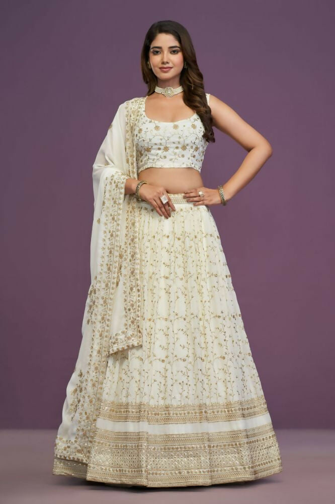 Zari Sequene Embroidery Wok Georgette White Lehenga Choli - Jihu Culture | Grocsy