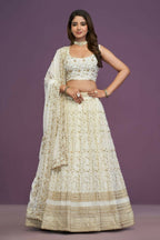 Zari Sequene Embroidery Wok Georgette White Lehenga Choli - Jihu Culture | Grocsy