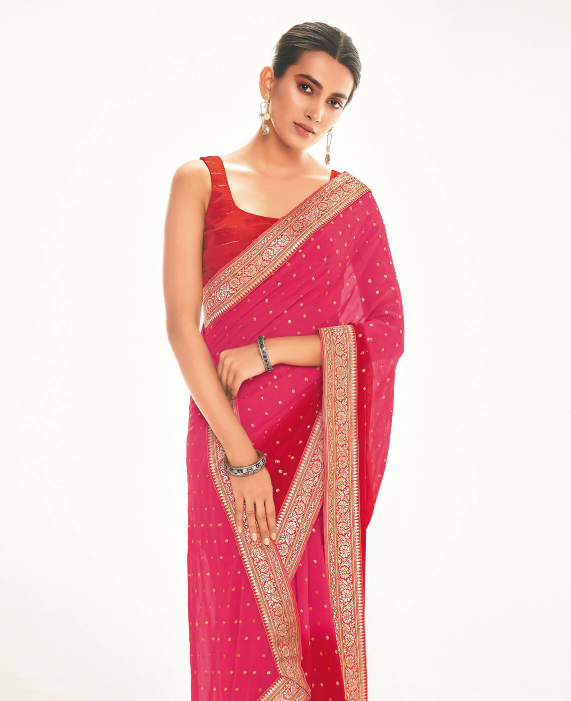 Pink Georgette Foil Printed Saree With Unstitched Blouse Piece - Nitya | Grocsy