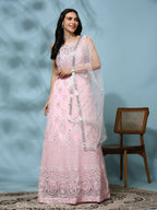 Pink Net Hand Embroidered Gown - Rudrani | Grocsy
