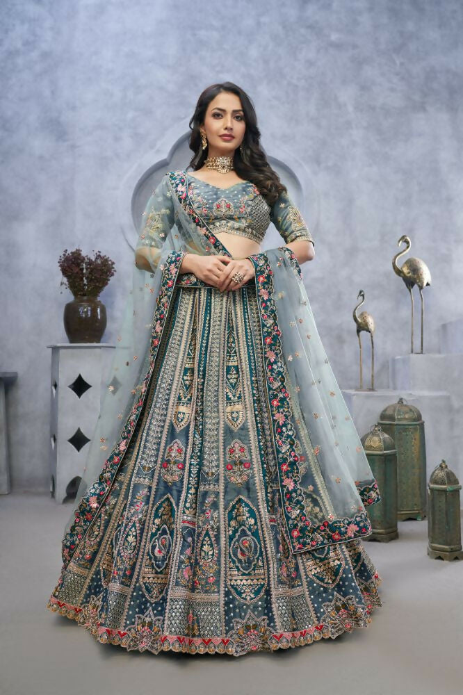 Kesar Fab Grey Organza Hand_Woven Lehenga | Grocsy