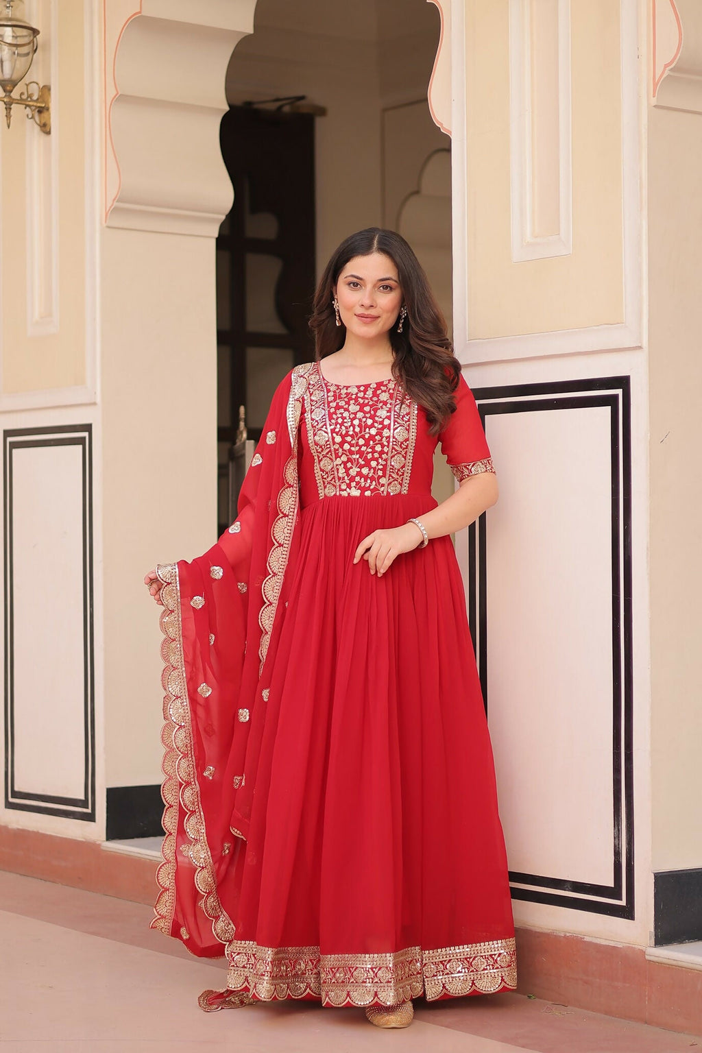 Joban Fashion Red Georgette Sequence Embroidery Work Kurta Set | Grocsy