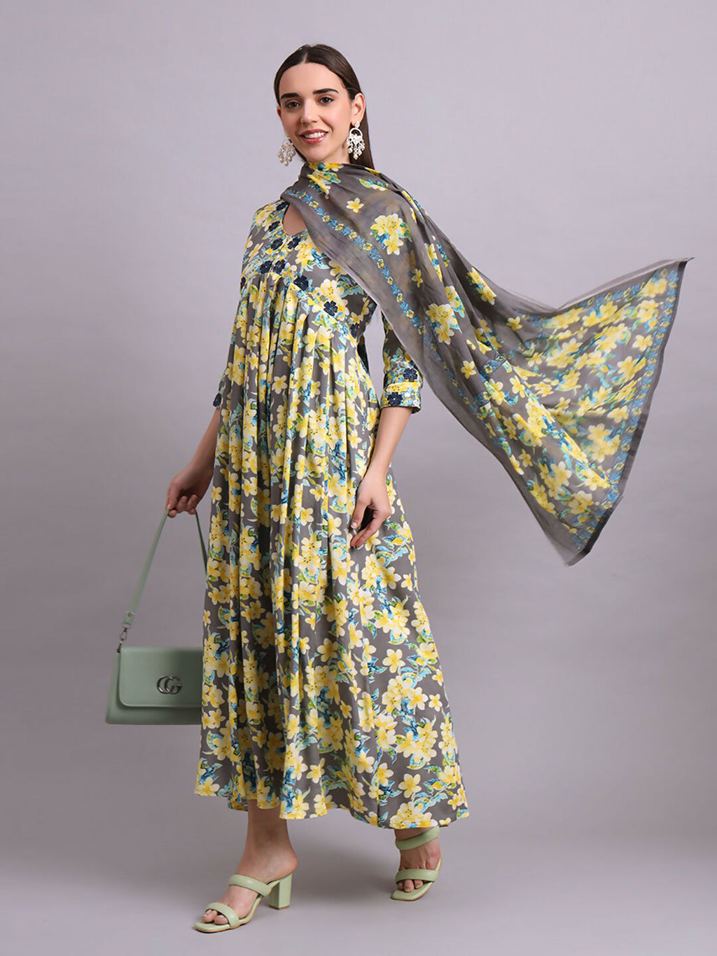 Joban Fashion Yellow Cotton Floral Printed & Embroidery Work Anarkali Dress With Dupatta Set | Grocsy
