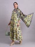 Joban Fashion Yellow Cotton Floral Printed & Embroidery Work Anarkali Dress With Dupatta Set | Grocsy