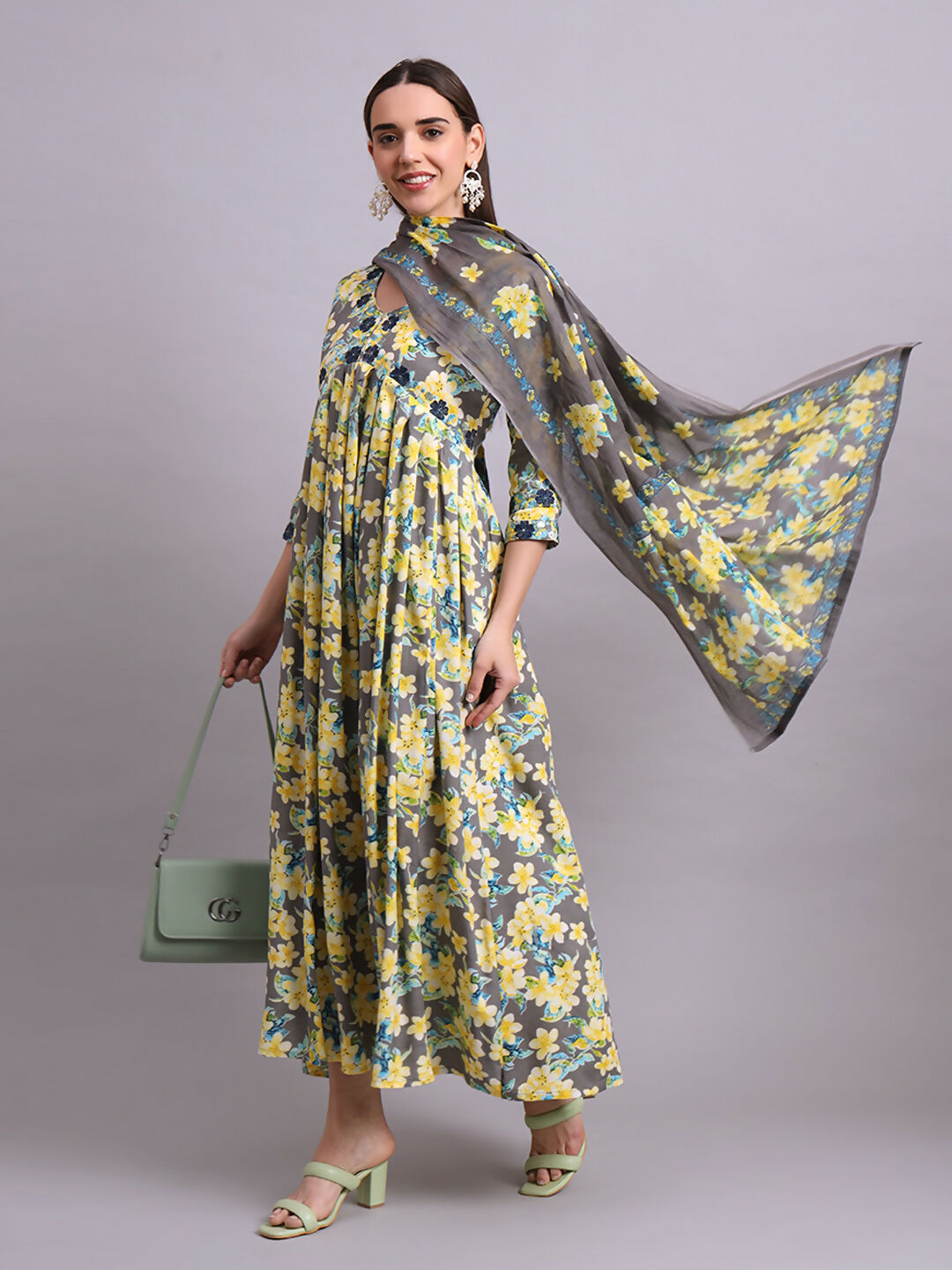 Joban Fashion Yellow Cotton Floral Printed & Embroidery Work Anarkali Dress With Dupatta Set | Grocsy